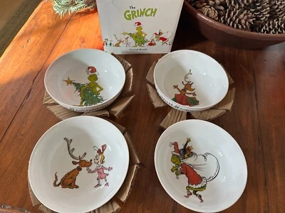 Juego de 4 cuencos de sopa de cereales de porcelana Williams Sonoma THE GRINCH CHRISTMAS NUEVO Foto 1 de 4