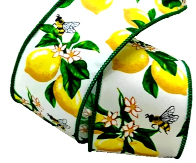 Lemon Bee Flower 2.5" x 2 yds Wired Ribbon Summer White Green Leaves d. Stevens - Image 1 of 2
