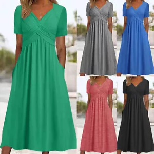 Plus Size Women's V-Neck Solid Sundress Casual Shirt Dresses Long Maxi Dress - Picture 1 of 20