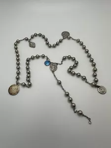 Rosario e medaglie vintage in argento sterling manca crocifisso cerchio 24" - Foto 1 di 17