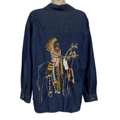 Vintage Denim Top Womens Medium Beaded Embroidered Native American Horse Western - Image 1 of 4
