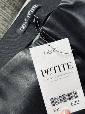UK 12 petite NEXT Elastic Waist Black faux Leather Slim leg Trousers BNWT @ £28 - Image 1 of 4