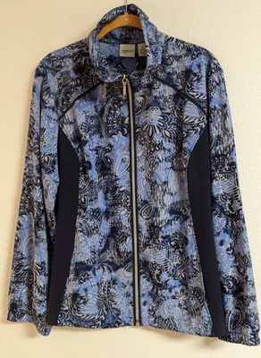 CHICO'S Zenergy Blue/White Floral Print Full Zip Lightweight Jacket 2 or 10/12 - Image 1 of 4