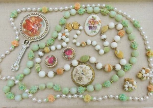 Vintage Coralene/sugared jewelry lot Western Germany necklace earring set beads - Picture 1 of 13