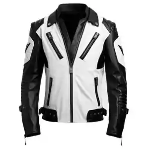 Men's Combination Leather Jacket Motorcycle Style Black , White Real Lambskin - Picture 1 of 9