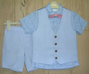 Next Boys Blue Shorts Waistcoat Shirt Pink Bow Tie Suit Age 3-4 104cm Wedding - Picture 1 of 3