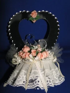 New Elegant Loving Swans with peach roses heart mirror Wedding Caketop #278 - Picture 1 of 6