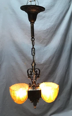 VTG Cast Metal Polychrome Deco Double Amber Slip Shade Pendent Light 1080-24B - Image 1 of 4