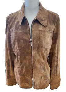 Women's Bamboo Traders Jacket Brown Faux Leather Snake skin Zip Pockets Collar M - Picture 1 of 7