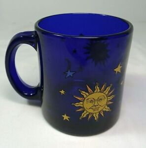 Cobalt Blue Celestial Sun Moon Stars Glass Coffee Cup Mug