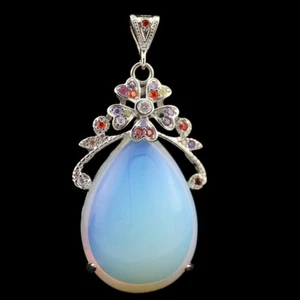 Water Drop Rainbow Fire Topaz Rainbow Moonstone Gems Silver Necklace Pendants 2“ - Picture 1 of 6