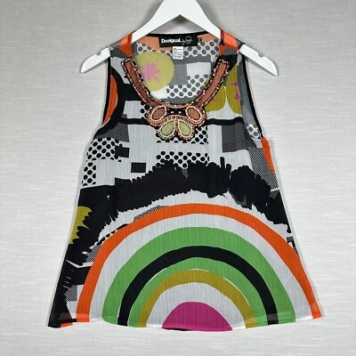 Desigual Top Colorful Woman Medium Blouse Beaded Art Rainbow Sheer Artsy - Изображение 1 из 4