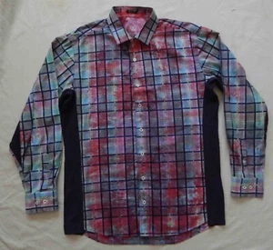 Tie Dye Purple Red Long Sleeve Plaid Button Down Shirt - Large Mens Hand Made - Picture 1 of 5
