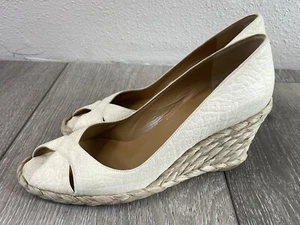 Stuart Weitzman Ivory Leather & Jute Wedge Espadrille Open Toe Shoes Size 6 M - Picture 1 of 10