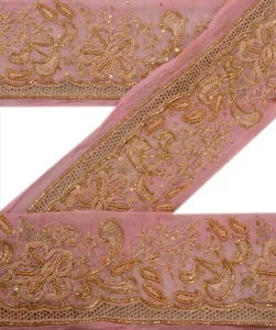 Sanskriti Vintage Saree Border Hand Beaded Paisley Craft 1Yd Trims Lace 3"W Pink - Picture 1 of 6