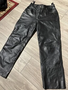 Genuine Leather Black High Waist Size 12 28” Waist 27” Leg Trousers Canda Biker - Picture 1 of 9