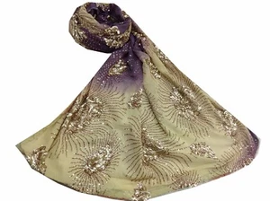 Om Vintage Dupatta Georgette Hand Embroidered Purple Stole Veil Scarves W-1742 - Picture 1 of 12
