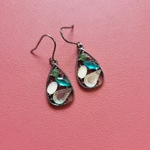 Silver tone drop dangle earrings teardrop hook blue pre-owned 3.5cm - Picture 1 of 2