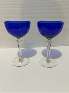 Vintage Antik 6,5" Blau Klar Vertiefung Elegant Glas Kelch Stiel 2er Set - Bild 1 von 3