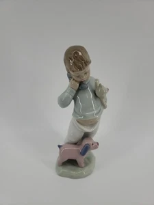 Vintage NAO Lladro Figurine #1044 “Hello Mommy” Little Boy on Phone W/ Pink Dog - Picture 1 of 9