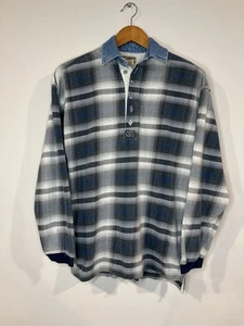 Vintage Guess Jeans Polo Shirt 1/4 Metal Button Flannel Plaid USA Mens L Denim - Picture 1 of 14