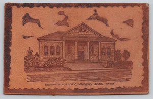 Postal de cuero de edificio clásico de la biblioteca de la Academia Saco Maine Thornton - Imagen 1 de 2