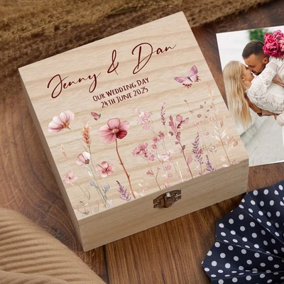 Personalised Wooden Wedding Keepsakes Memory Box Gift Wildflower Meadow - Image 1 of 2