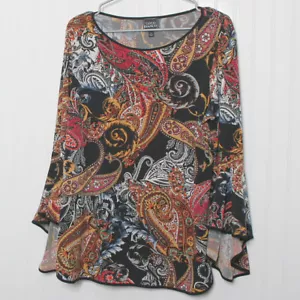 Coco Bianco Black Floral Paisley Round Neck Long Sleeve Poly Jersey Tunic Top XL - Picture 1 of 9