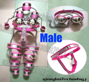9PC Pink Stainless Steel Chastity Belt Collar Arm Wrist Cuffs Thigh Ankle New - Picture 1 of 13