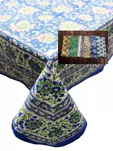 Hand Block Print Tablecloth Napkins 100%cotton Floral Rectangular 150*220cm Blue - Picture 1 of 6