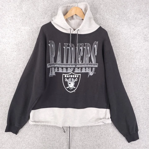 Vintage Logo 7 Oakland Raiders Hoodie Men XL Extra Large Black Gray Graphic 90s Cover