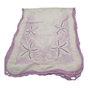 Vintage Handarbeit Kreuzstich Tischläufer Kommode Schal Lila Häkelborte - Bild 1 von 9