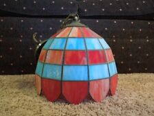 Vintage John Henry Miller Red Blue Pattern Hanging Lamp Stained Glass Signed