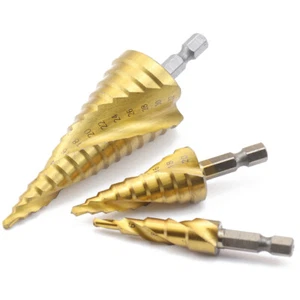 3Pcs HSS Spiral Groove Step Drill Bit Set Titanium Coated Cone Hole Cutter Tool - Picture 1 of 9