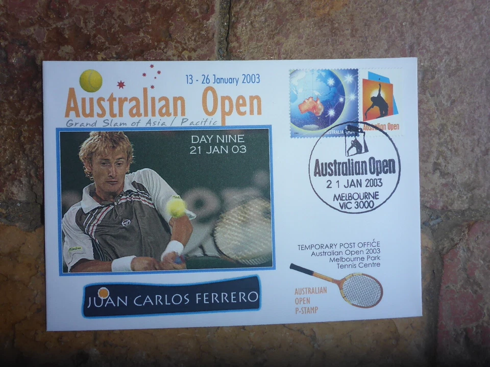 2003 AUST TENNIS OPEN COVER DAY 9 JUAN  CARLOS FERRERO SES STAMP & SPEC POSTMARK — 第 1/1 张图片