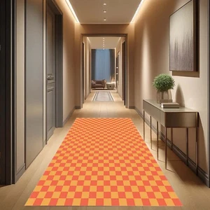 Checkerboard Rug, Retro Hallway Runner, Orange and Yellow Rug, Vintage Aesthetic - Picture 1 of 10