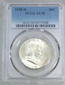 1948 D Franklin Half Dollar PCGS AU58 sieht Full Bell Lines Bright Frosty aus #C73C - Bild 1 von 4