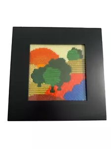 Finished Framed Embroidered Sunrise Trees Hills Fields Wall Hanging 7.5" Square - Picture 1 of 9