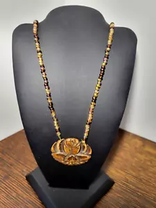 Unique Brown Carved Rhyolite Pendant Necklace-Glass Beads- - Picture 1 of 6