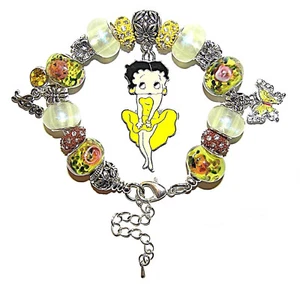 Betty Boop Bracelet Lemon Sparkle And Murano Glass Crystal European Beads Charms - Picture 1 of 9