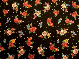 2 PC HTF MARY ENGELBREIT MUTED LOVE PINK RED ROSES FLORAL ON BLACK COTTON FABRIC - Picture 1 of 2
