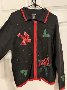 Jason Maxwell Sweater Women Large Cardinal Sequin Birds Christmas Cardigan Vtg - Picture 1 of 9