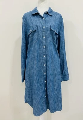 Lands End Shirt Dress Womens Sz 18 Blue Denim Button Down Pockets Modest Casual - Image 1 of 4