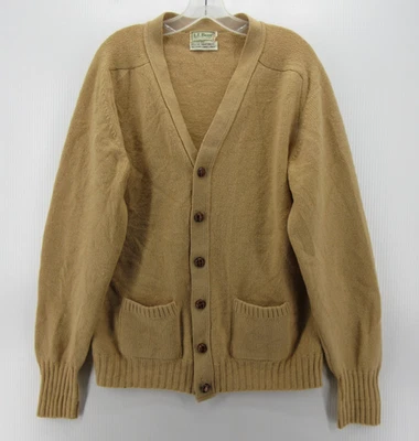ВИНТАЖНЫЙ LL Bean свитер мужчин большой коричневый 80-х ягненка шерсти верблюда кожаный кардиган США - Изображение 1 из 4