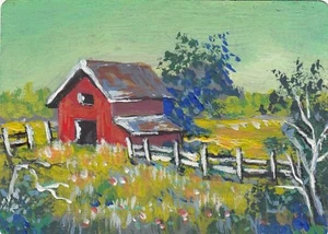 Aceo orig landscape Peg's Red Barn gouache painting - Picture 1 of 1