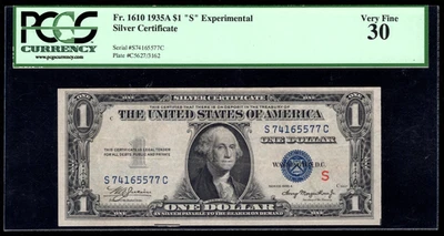 1935-A FR. 1610 $1 CERTIFICADO PRATA "S" EXPERIMENTAL PCGS 30 NOTA ESCASSA! - Imagem 1 de 3