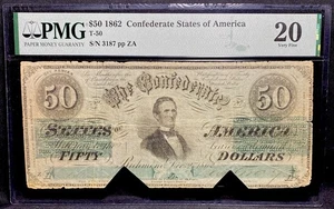 T-50 $50 1862 Confederate States SCARCE Civil War Obsolete Banknote Currency PMG - Picture 1 of 7