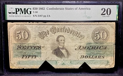 T-50 $50 1862 Confederate States SCARCE Civil War Obsolete Banknote Currency PMG - Image 1 of 4