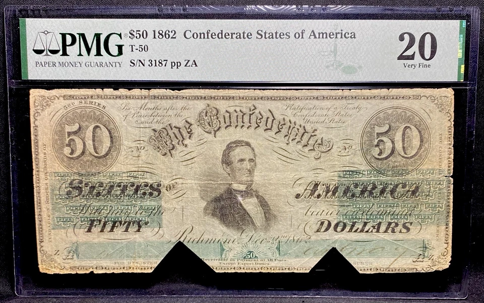 T-50 $50 1862 Confederate States SCARCE Civil War Obsolete Banknote Currency PMG - Image 1 of 4