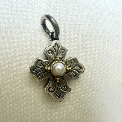 KONSTANTINO Grecia Plata 925, 750 (18K) Oro Grabado Perla Cruz Dije MUY RARO Foto 1 de 4